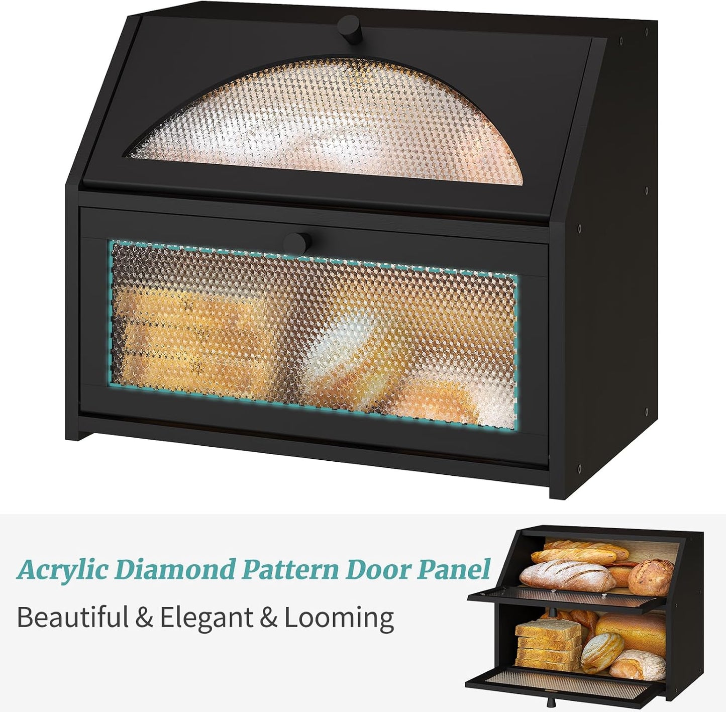 Bread Box, Bamboo Wood Bread Box for Kitchen Counter, Double-layer Bread Storage Bin, Acrylic glass with Diamond
