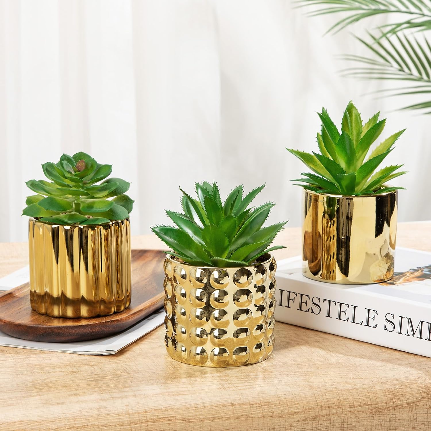 Succulents Plants Artificial in Ceramic Pots / Gold / Set of 3