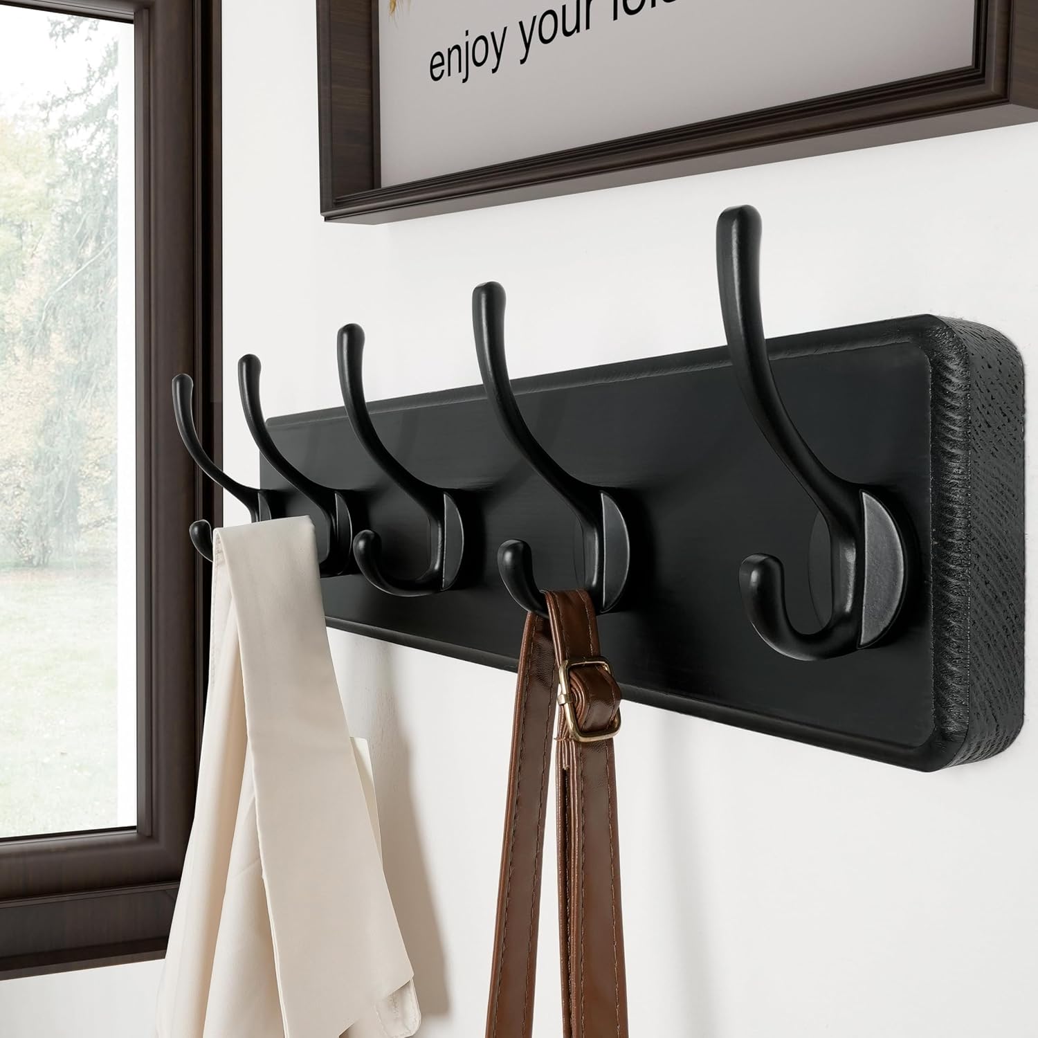 SKOLOO Rustic Wall Mounted Coat Rack, Case of 2, Pine Solid Wood Coat Hook Hanger - 5 Hooks for Hanging Clothes Robes