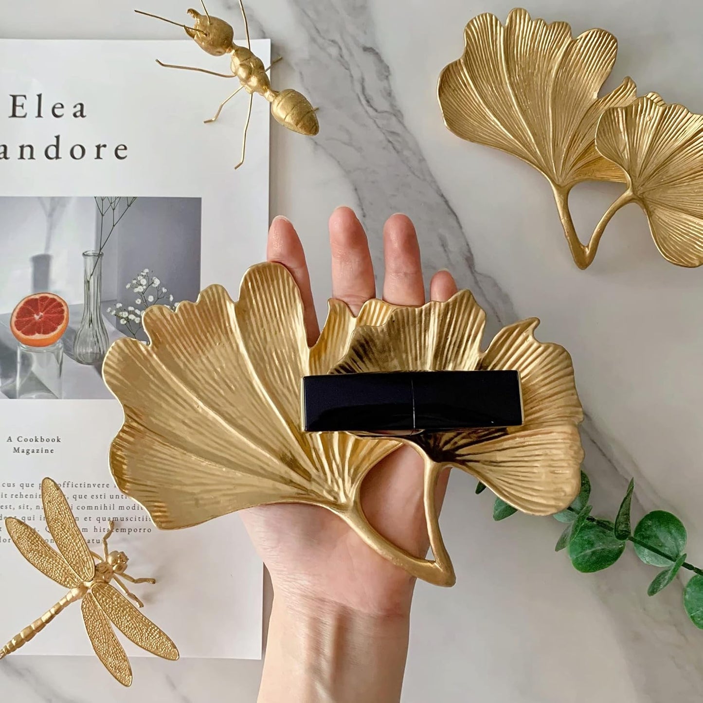 Trinket Dish Vanity Tray for Dresser Christmas / 2-tier Ginkgo -gold