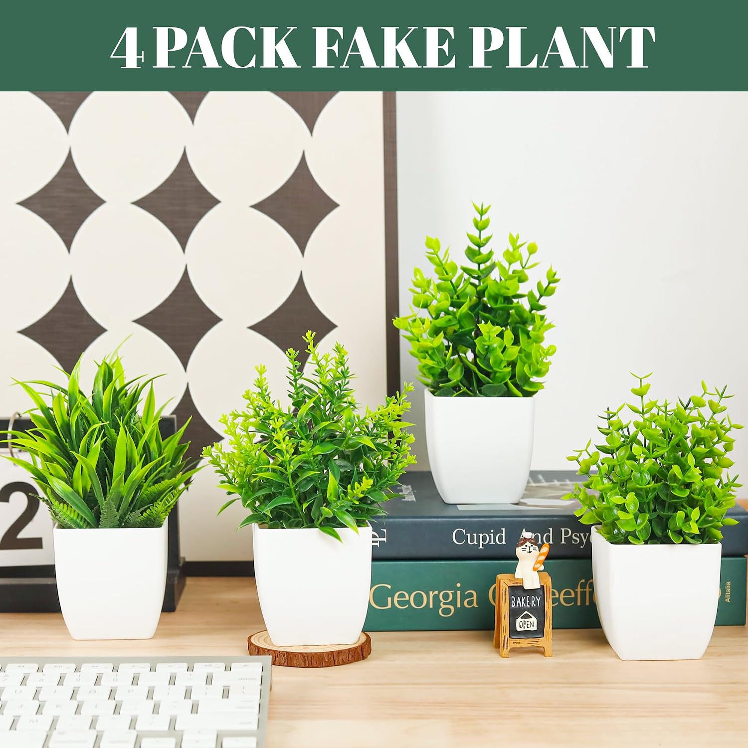 Fake Plants Small Artificial Mini Faux Plants Indoor / White / Set of 4
