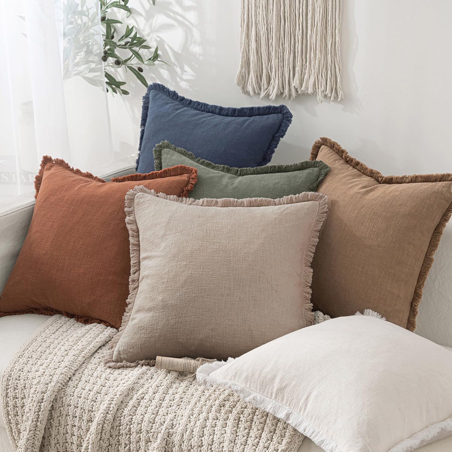 Decorative Throw Pillow Covers Neutral Linen Fringe Throw / 18 x 18 / Natural Linen / Set of 2