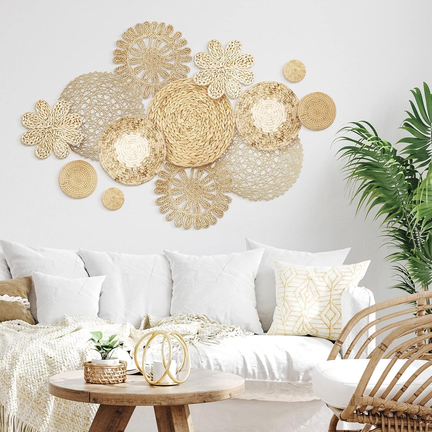 Boho Wall Basket Decor Woven Rattan Flat Baskets Handmade Boho Wicker Bamboo / Plain / Set of 13