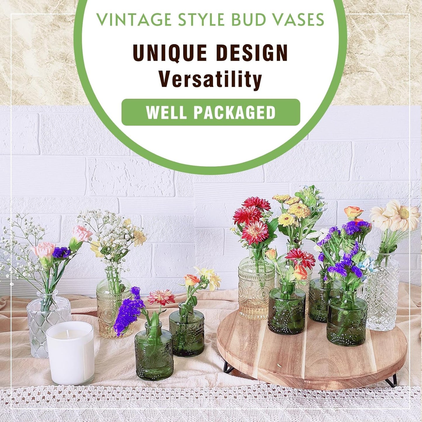Bud Vase / Small Flower Vases for Decorative / Clear+green / Set of 6