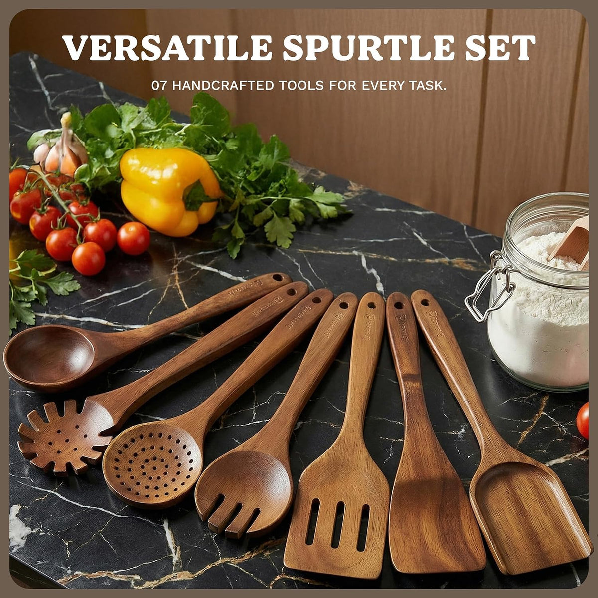 Berenti Wooden Utensil Set, 7 Piece Acacia Wood Cooking Utensils | Wooden spoon, spatula, turner, ladle, skimmer and