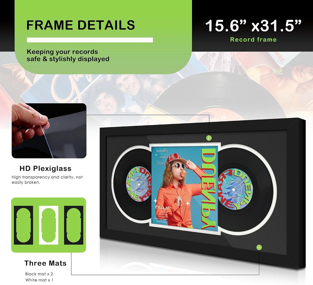 DUENPY 15.6x31.5 Vinyl Frame For 12.5x12.5 Cover Black White Mat | Displays 12.5x12.5 Album Cover Art, Supports Wall