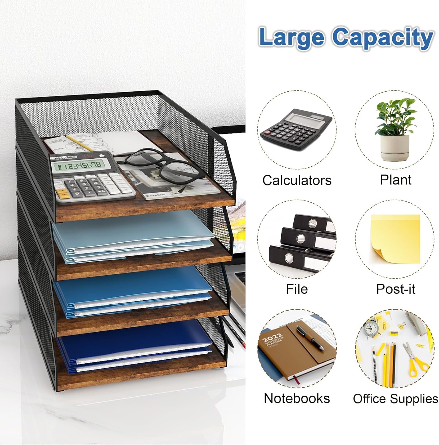 Natwind 4-Tier Stackable Metal Mesh Paper Organizer with Sliding Tray,Retro | Wooden Desk Organizer, Letter Tray For