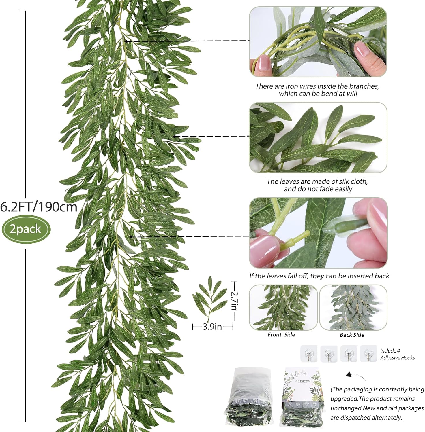 Artificial Olive Leaves Garlands Fake Hanging Silk Willow Leave / Olive Green / 6.2 Inch / Set of 2
