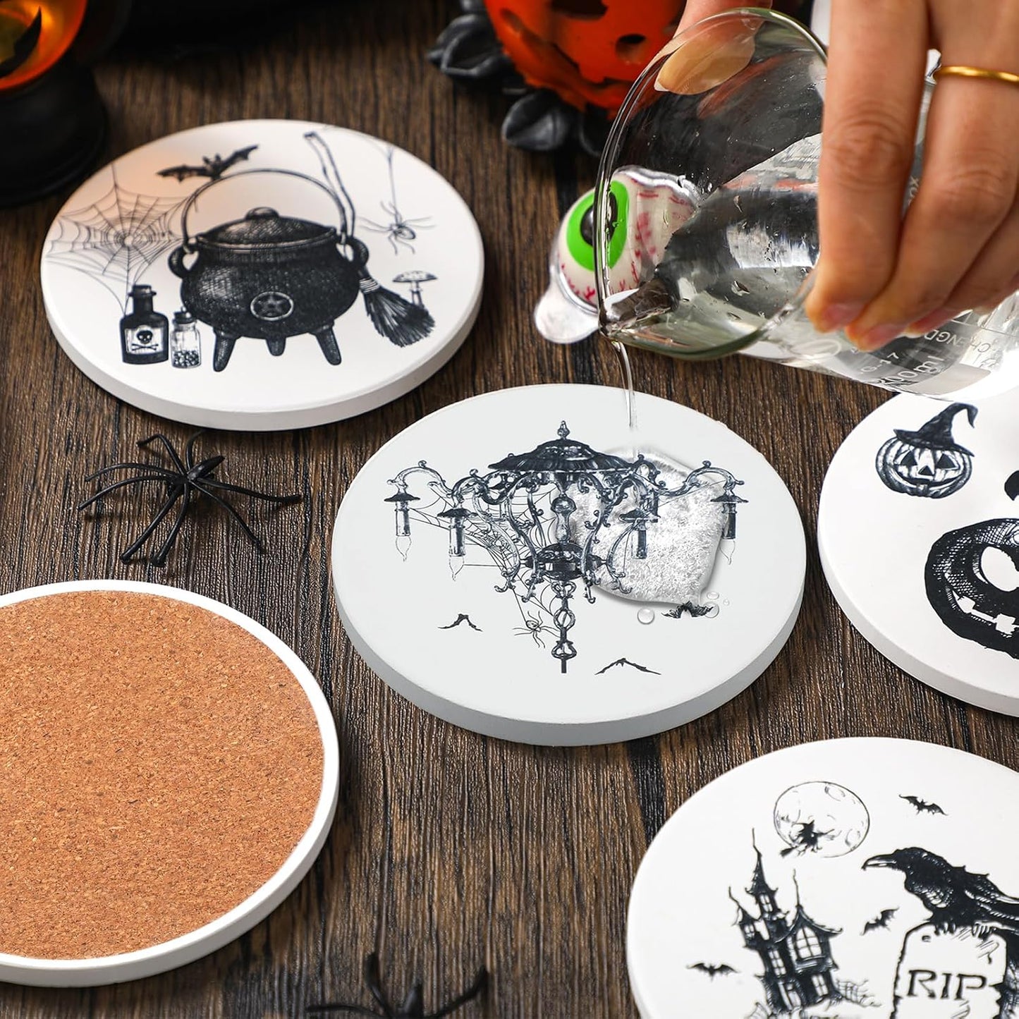 Vintage Gothic Coasters Spider Skull Raven Bottle Design Drink Coaster / Halloween / Set of 6