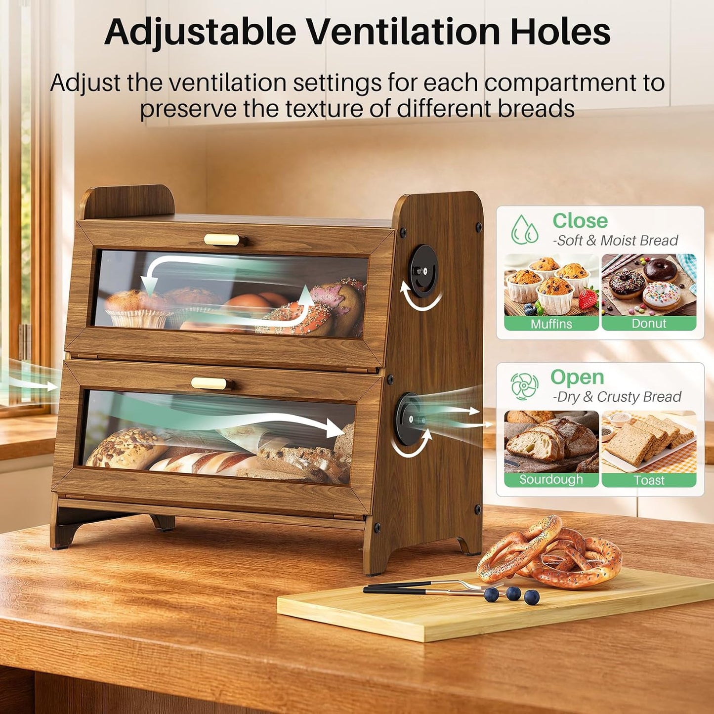 SNTD 2 Tier Bread Box for Kitchen Countertop, Adjustable Ventilation, Brown | Bamboo Cutting Board, Airtight Design
