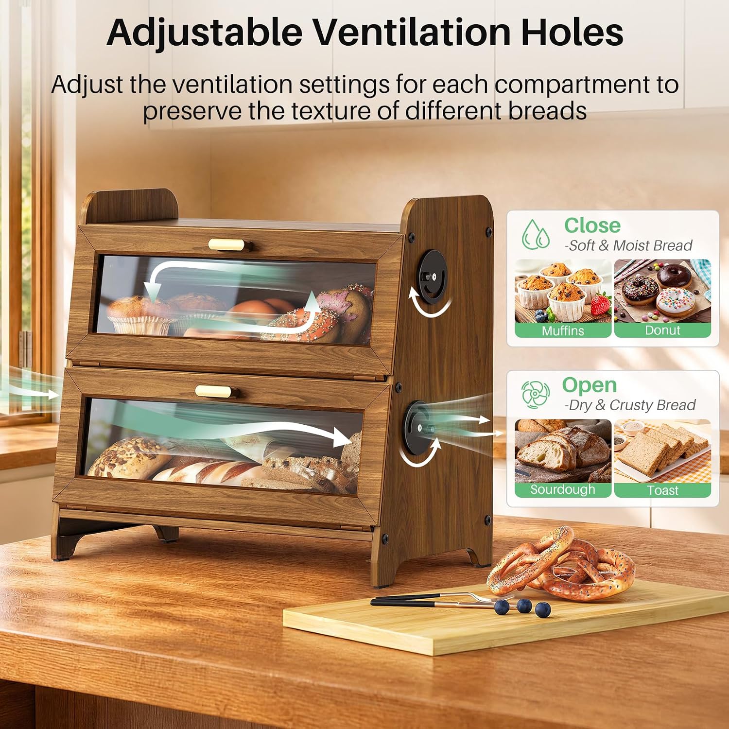 SNTD 2 Tier Bread Box for Kitchen Countertop, Adjustable Ventilation, Brown | Bamboo Cutting Board, Airtight Design