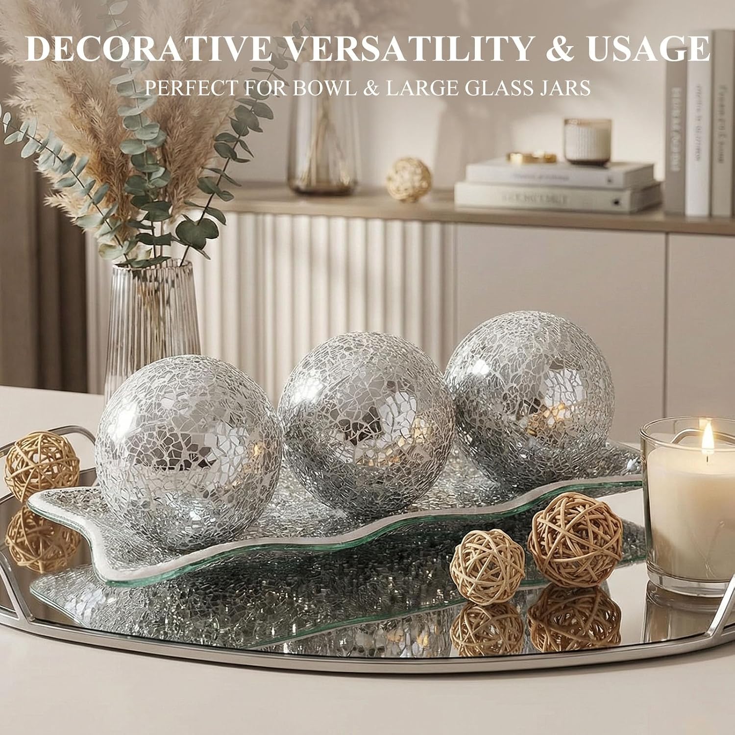 Tray / Orbs Glass Balls for Centerpiece Bowls Mosaic Sphere / Silver / 3 Inch / Set of 3