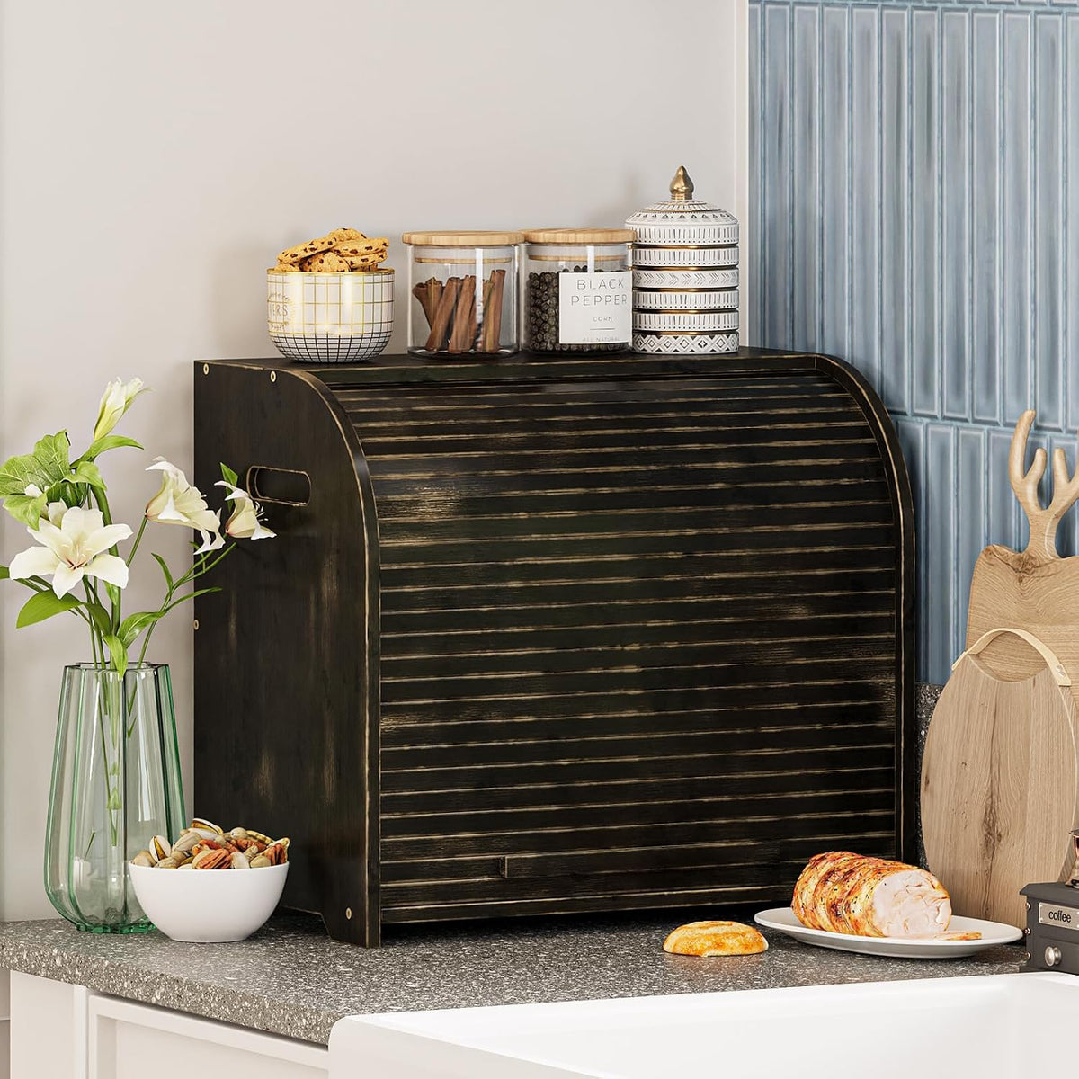Trironsun Bamboo Roll Top Bread Box for Kitchen Countertop Large Capacity Bread Storage Bin 2 Layer Wooden Bread