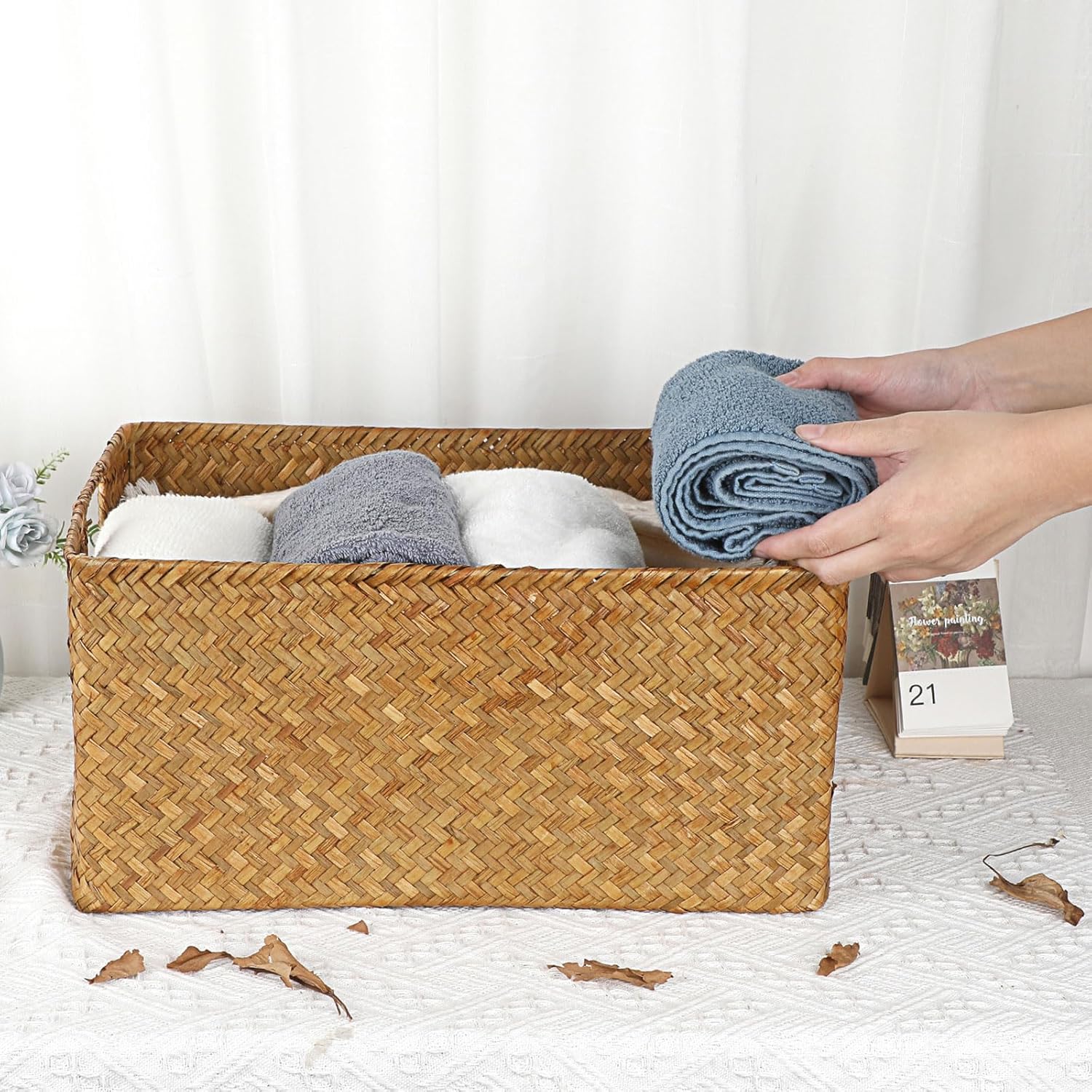 Seagrass Storage Baskets Bin / 16.1 x 11.8 x 7.7 / Large / Caramel