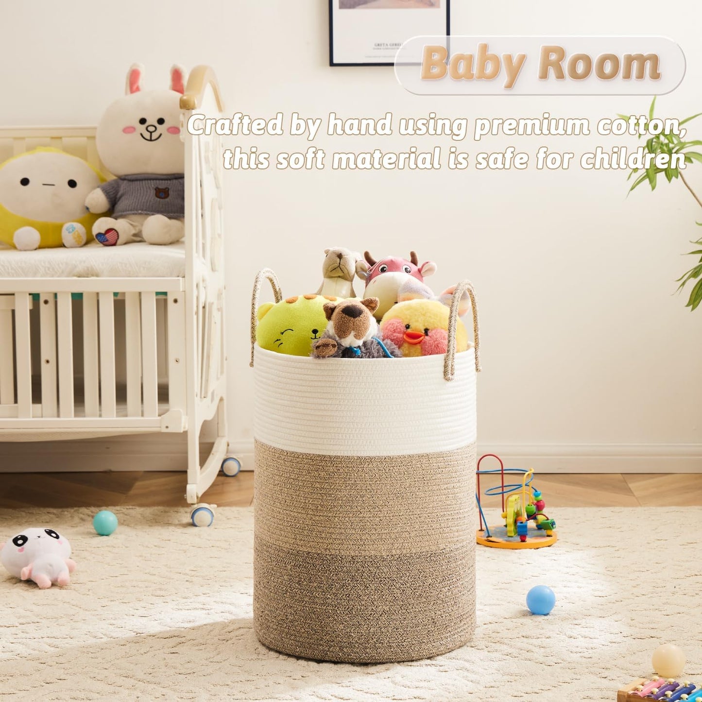 Laundry Basket / Woven Cotton Rope Laundry Hamper / Brown & White / 40L
