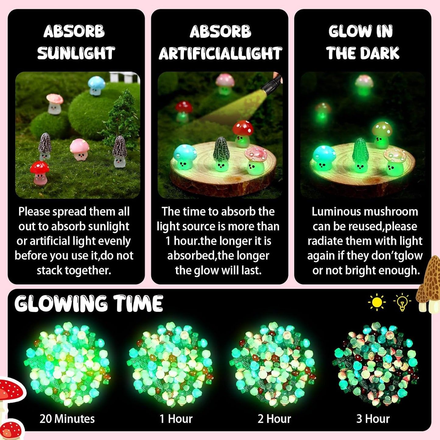 96 Luminous Glow in The Dark Mini Mushrooms Bulk Tiny Resin Mushroom Figurines Miniature / Vivd