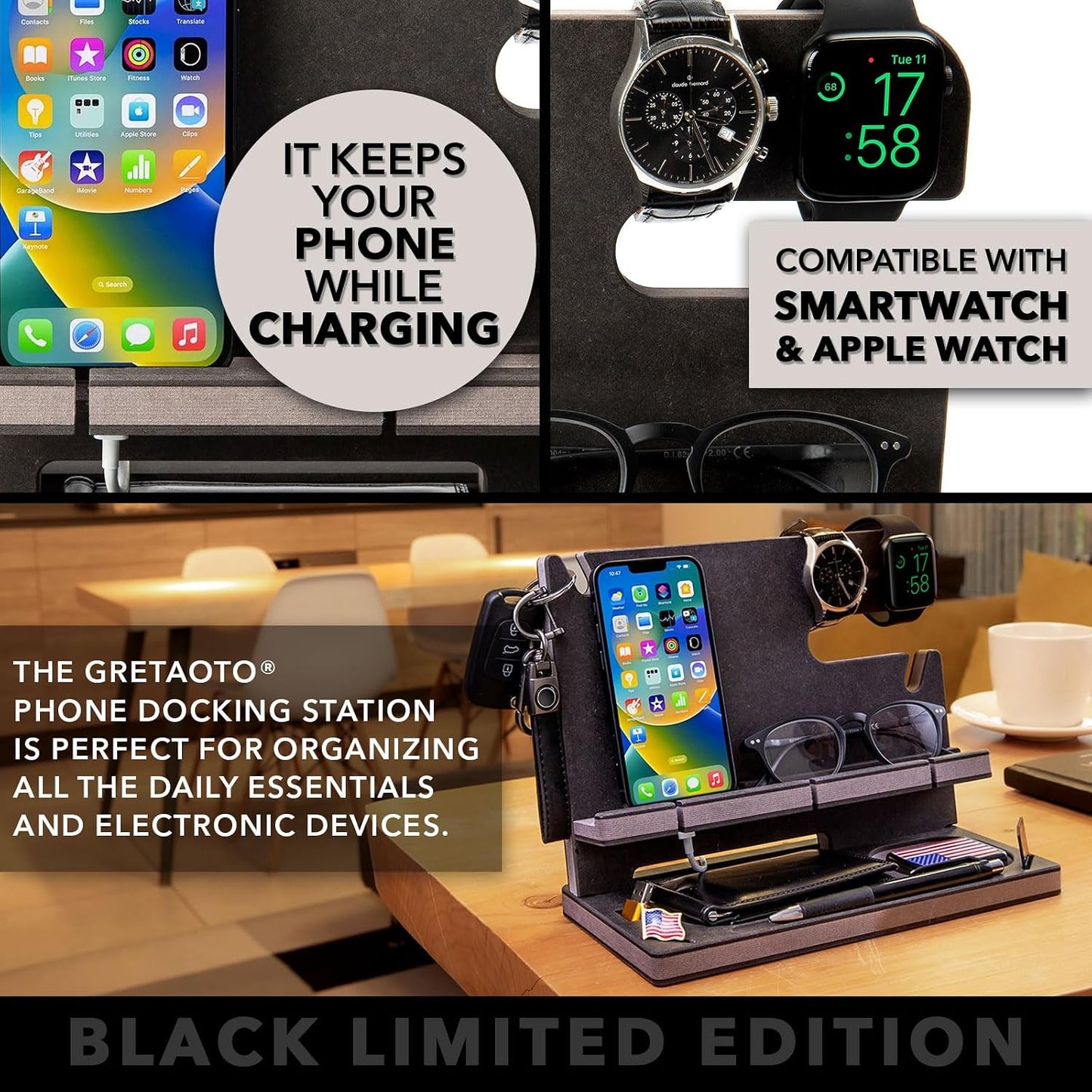 Personalized Wood Docking Station for Cell Phone, Tablet, Wallet, Gadgets, Watch, Keys, Accessories, Essentials Desk