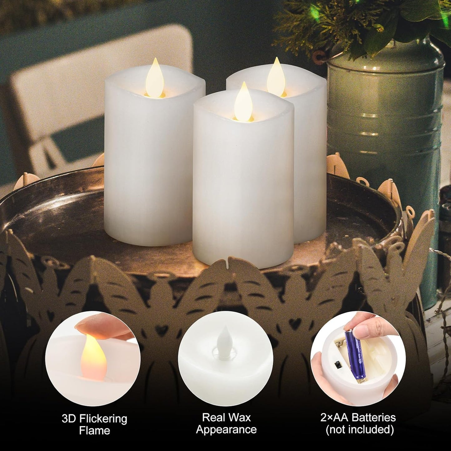 3PCS, 3 x 5 inches Flameless Candle with Remote Control, 3D Flickering Wick, Real Wax Pillar LED Candles, Battery