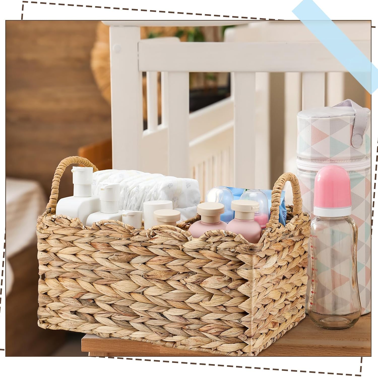 Wicker Diaper Caddy Organizer Scalloped Edge Rattan Basket / Natural / 9.5 x 13.5 x 7