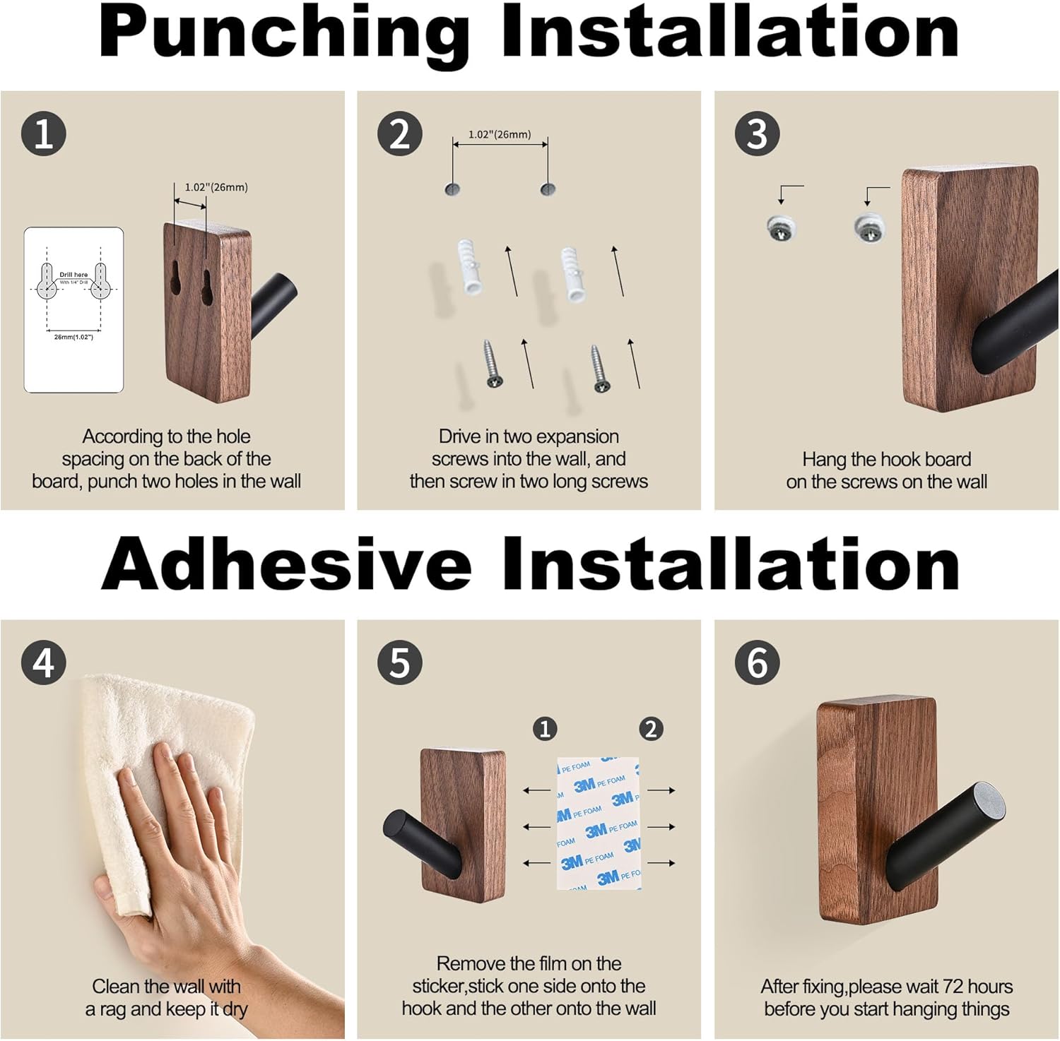 Wooden Wall Hooks for Hanging / 3.1 Inches / Set of 4