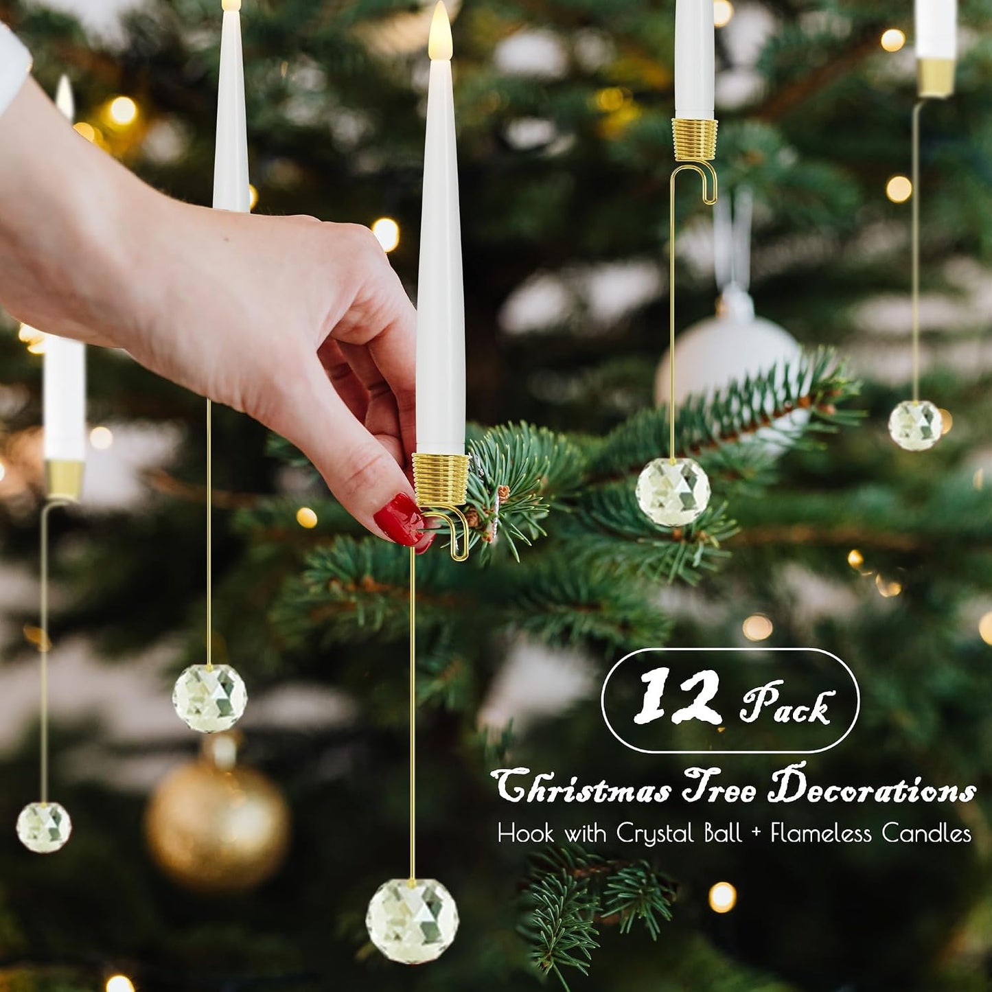 JOIONE Christmas Tree Candles, 12 Pack Crystal Ball Tree Hanging Decor | Battery Operated, Remote Control, Crystal Ball