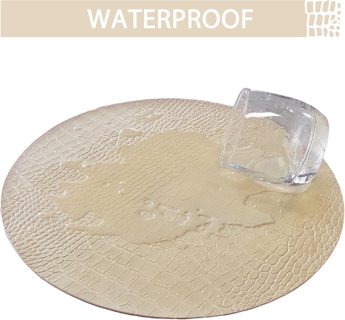 Jovono Round Leather Placemats for Round Tables Set of 8, Beige Place Mats and Coasters, Wipeable Waterproof Heat