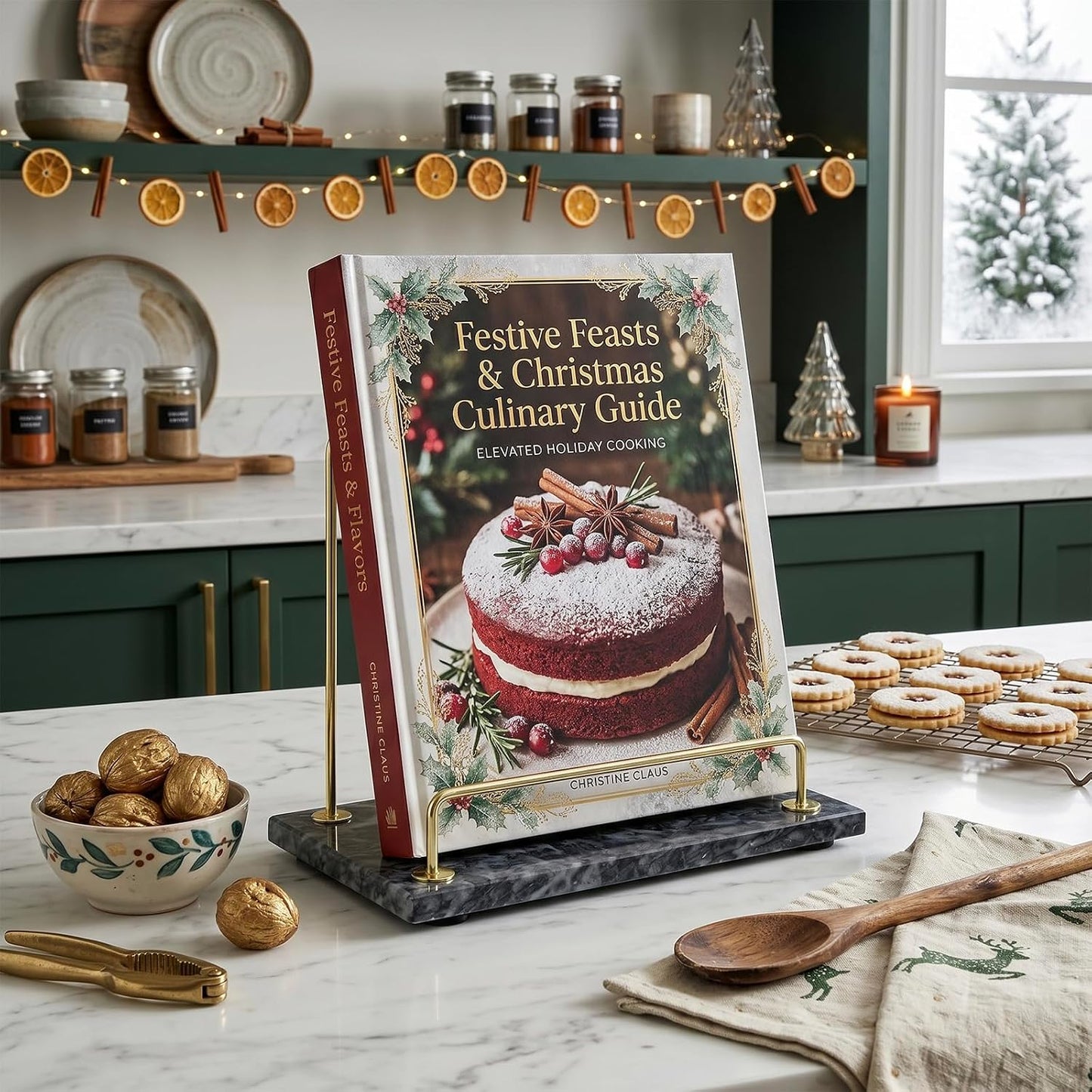 MyGift Black Marble Cookbook Stand, Recipe Holder with Brass Tone Rail | Modern black marble cookbook stand features a