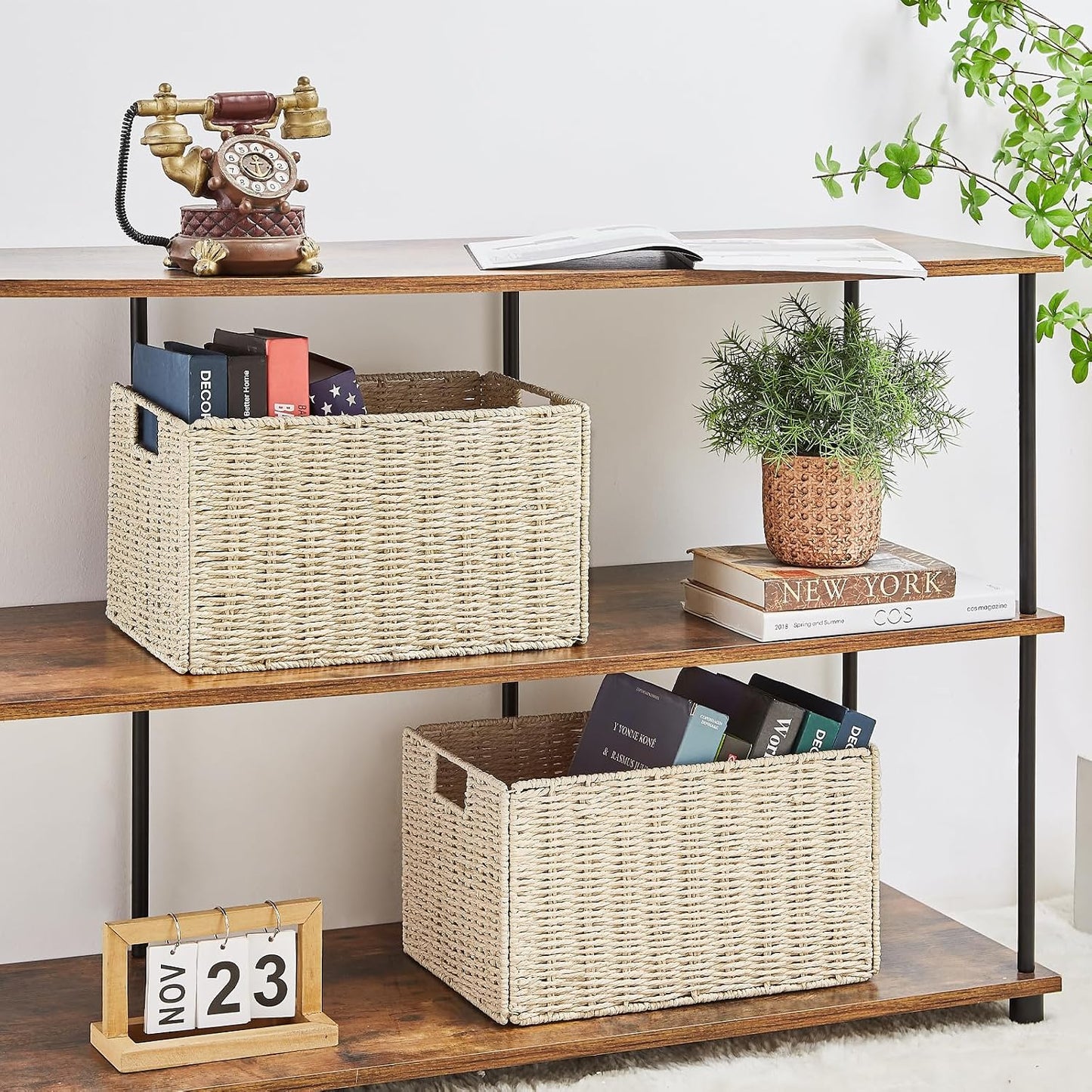 Wicker Storage Basket / Beige / 15.2"D x 10"W x 8.6"H / Set of 2