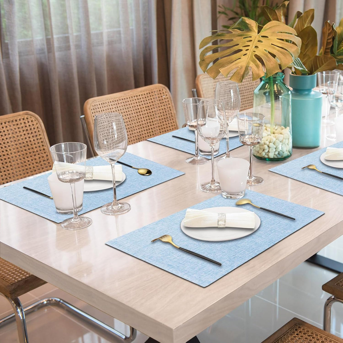 Cloth Placemats Set of 6, Cotton Linen Blend Place Mats, Light Blue | Machine Washable, Double Layered, Heat Resistant