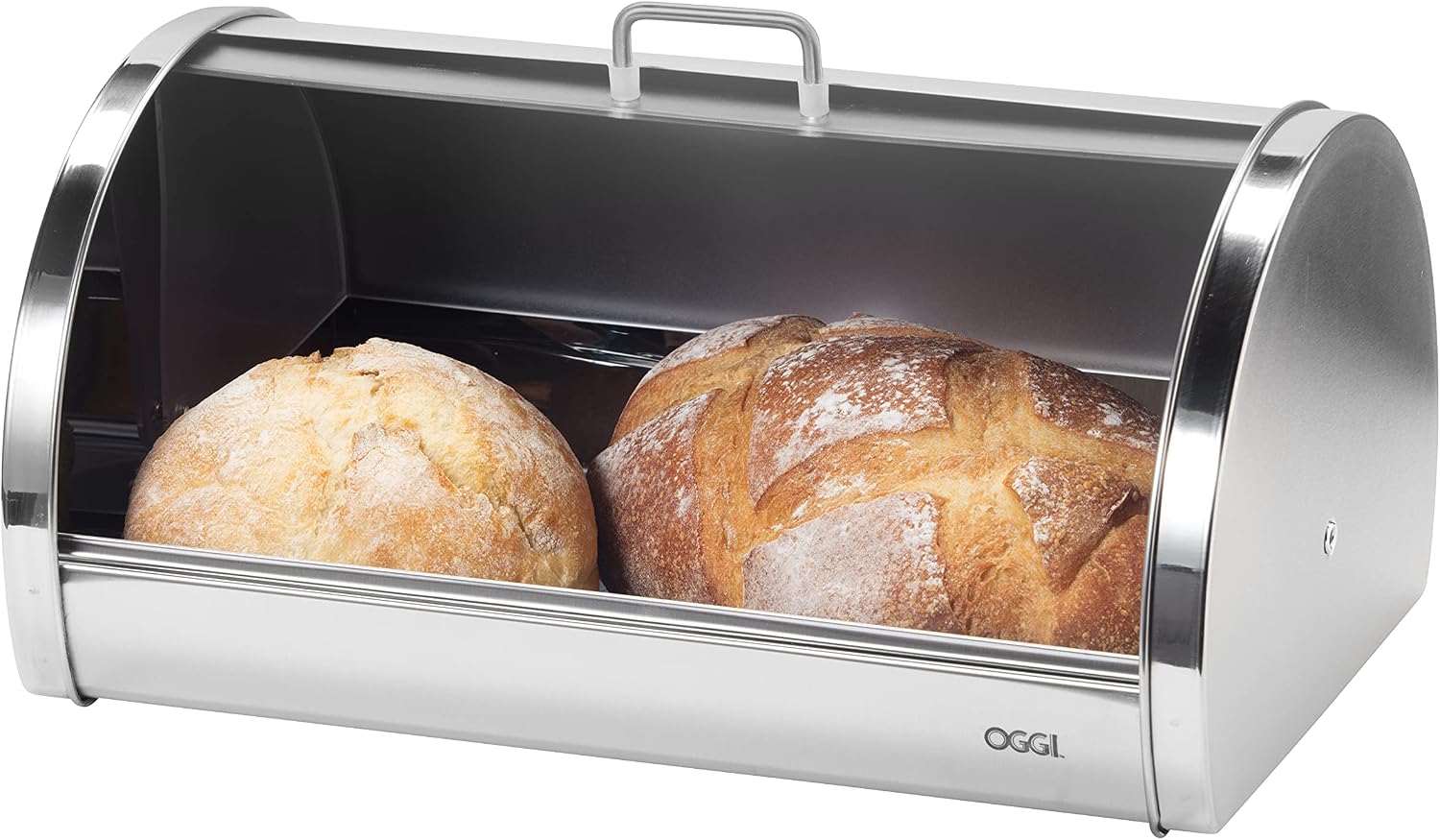 Oggi Stainless Steel Roll Top Bread Box for Kitchen Countertop with Frosted Plexilass Lid - Fits Multiple Loaves of