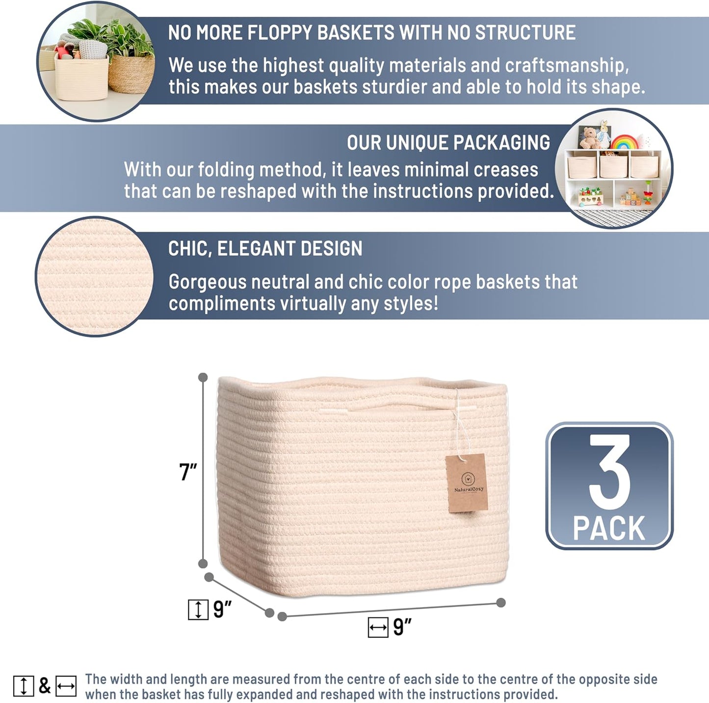 Storage Cubes "Cotton Rope Woven Baskets for Organizing / Beige / 9 x 9 x 7 / Set of 3