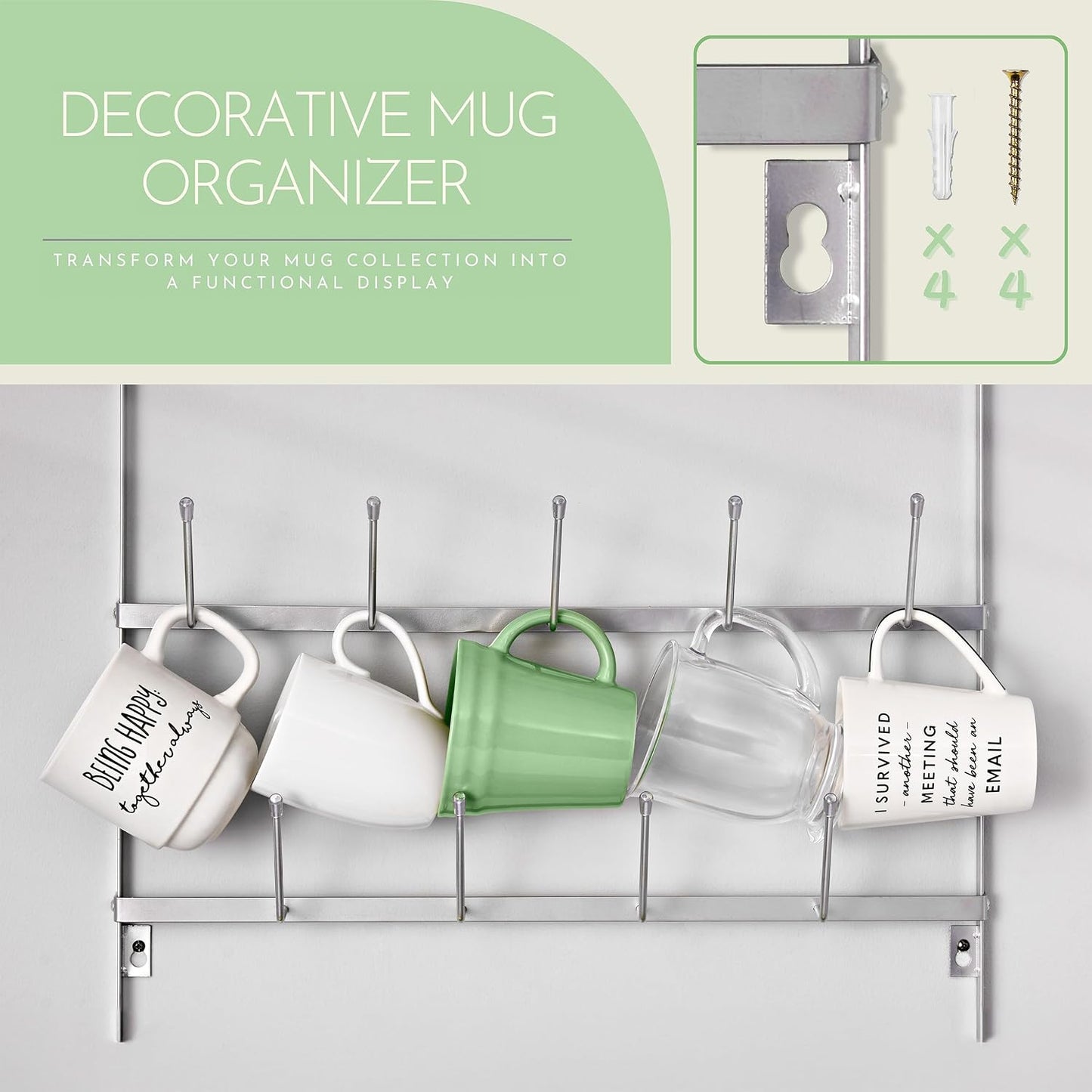 Sorbus Wall Mug Rack, Coffee Mug Display for Coffee Station (Large, Silver) | Rustic six-tier metal holder with hooks