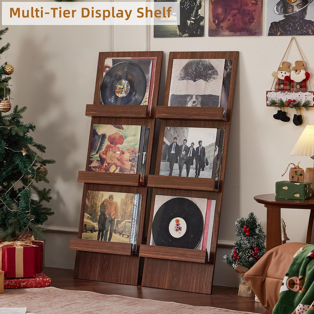 Wall-Leaning Vinyl Record Holder with 3 Tier Display Shelf, 47.5'' Tall Record Storage Magazine Holder, Vinlys Stand