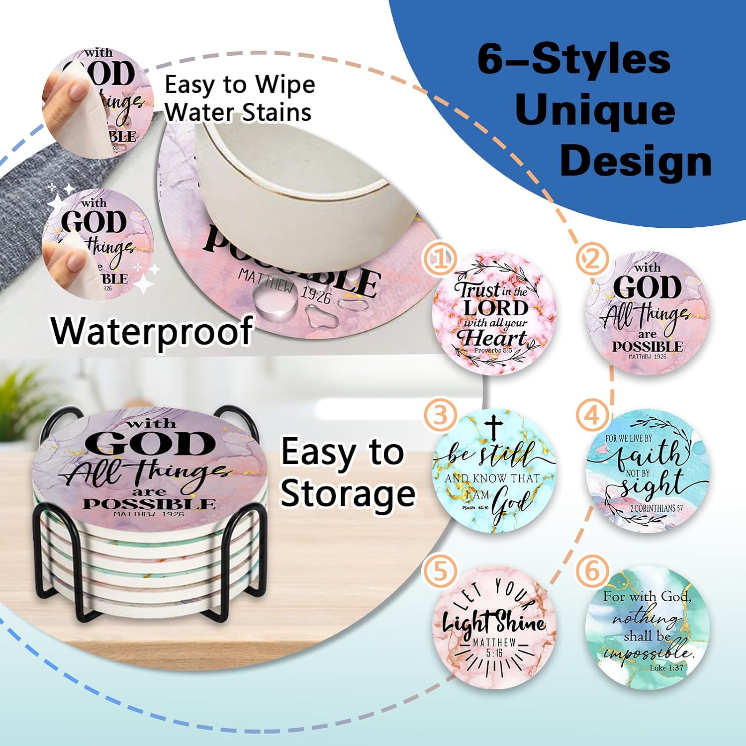 Holder / Christian Ceramic Coasters / Set of 6