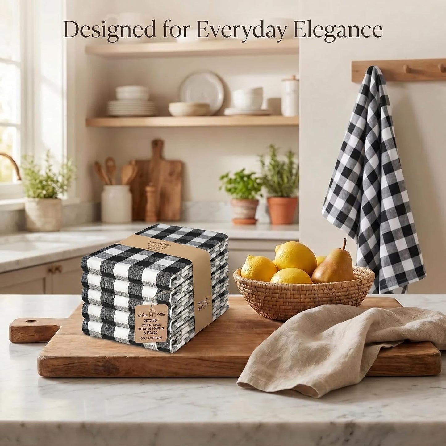 Urban Villa Kitchen Towels Cotton Dish Towels 20”x30” (Set of 6) Black Wht
