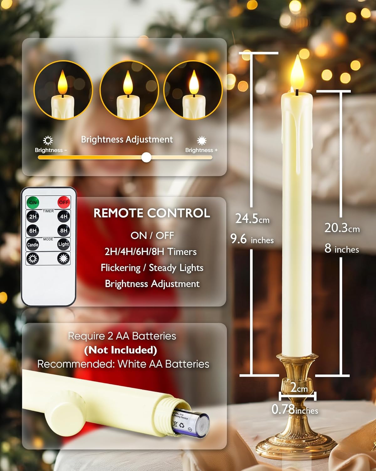 Homemory 12 Pcs Plastic Flameless Taper Candles with Remote Timer Dimmer, Ivory Led Candlesticks with Flickering Flame