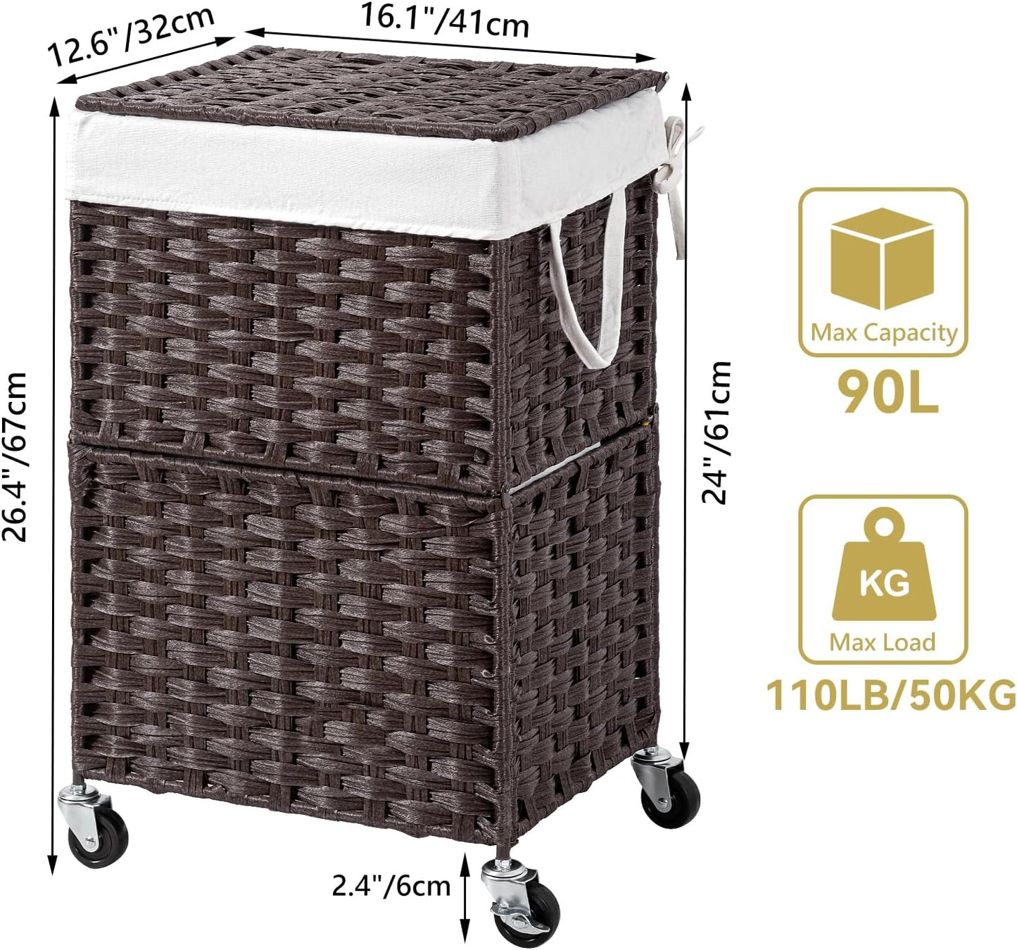 Rolling Laundry Basket / 90l / Brown