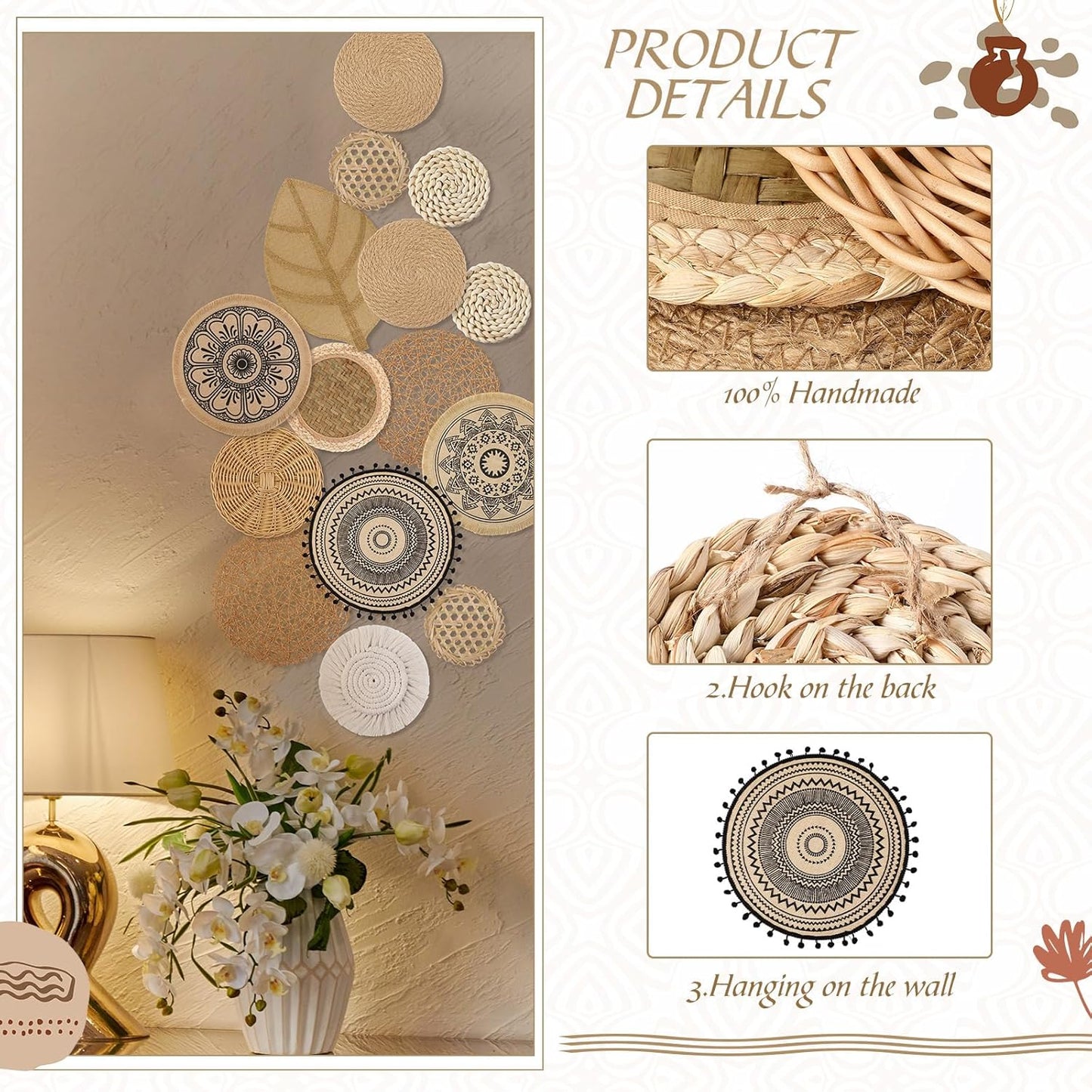 Boho Wall Basket Decor Woven Rattan Seagrass Wall Decor Hanging Rustic Farmhouse Round / Set of 15
