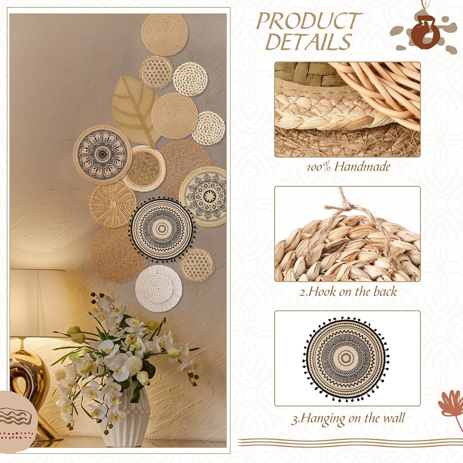 Boho Wall Basket Decor Woven Rattan Seagrass Wall Decor Hanging Rustic Farmhouse Round / Set of 15