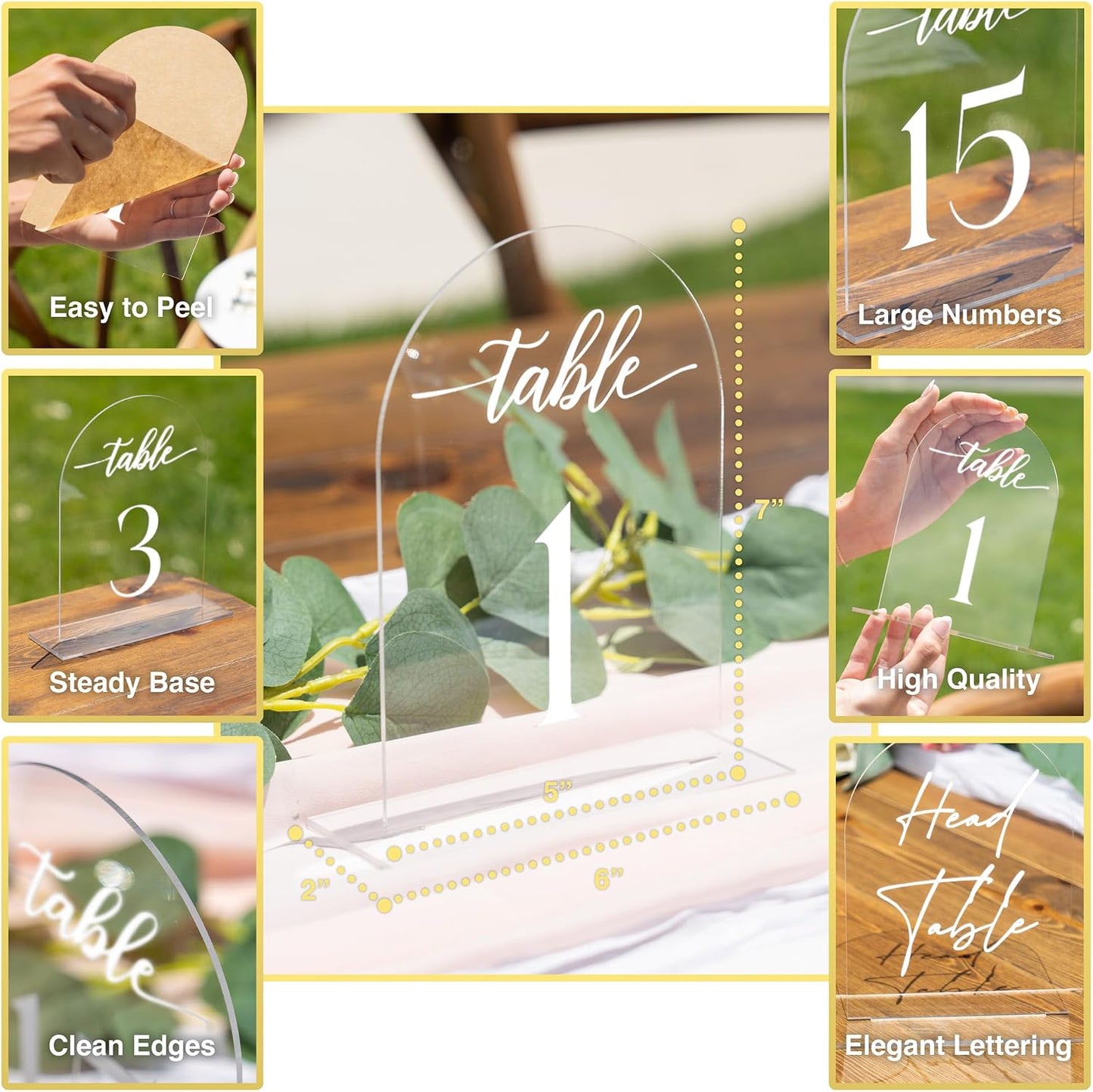 Clear Arch Acrylic Table Numbers for Wedding Reception - 5" x 7" White Font Centerpiece Set with Holder Stands & Head