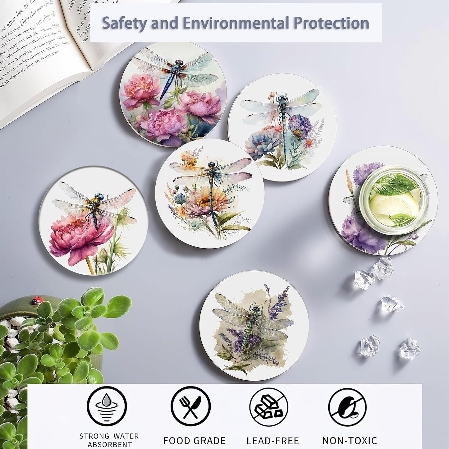 Absorbing Round Ceramic Stone Coaster / Dragonfly Flower / Set of 6