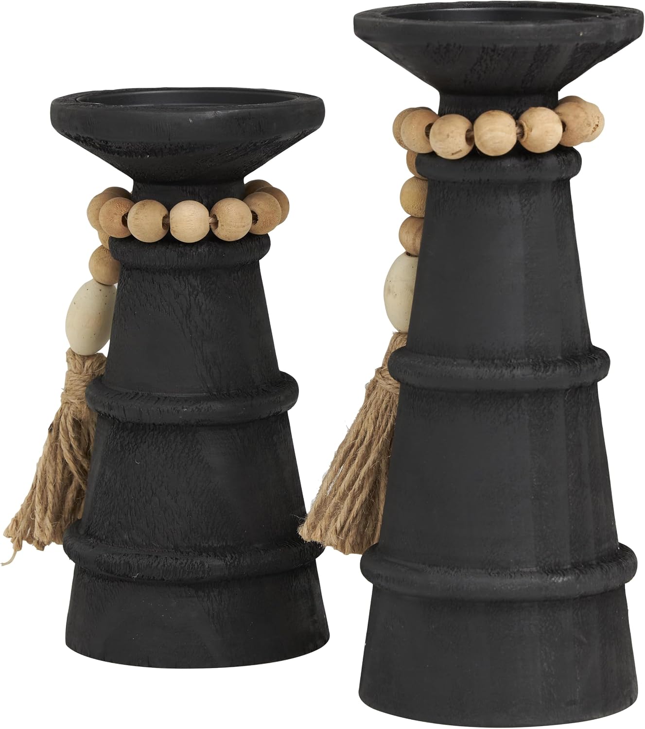 Deco 79 Wood Handmade Decorative Candle Holder Textured Matte Candle Stand with Beaded Garland Accent, Set of 2