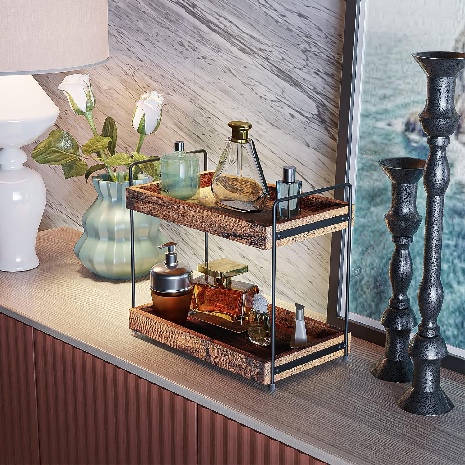 2-Tier Wood Bathroom Counter Organizer, Kitchen Spice Rack | Multi-Use Storage Shelf, Holds Toiletries, Cosmetics