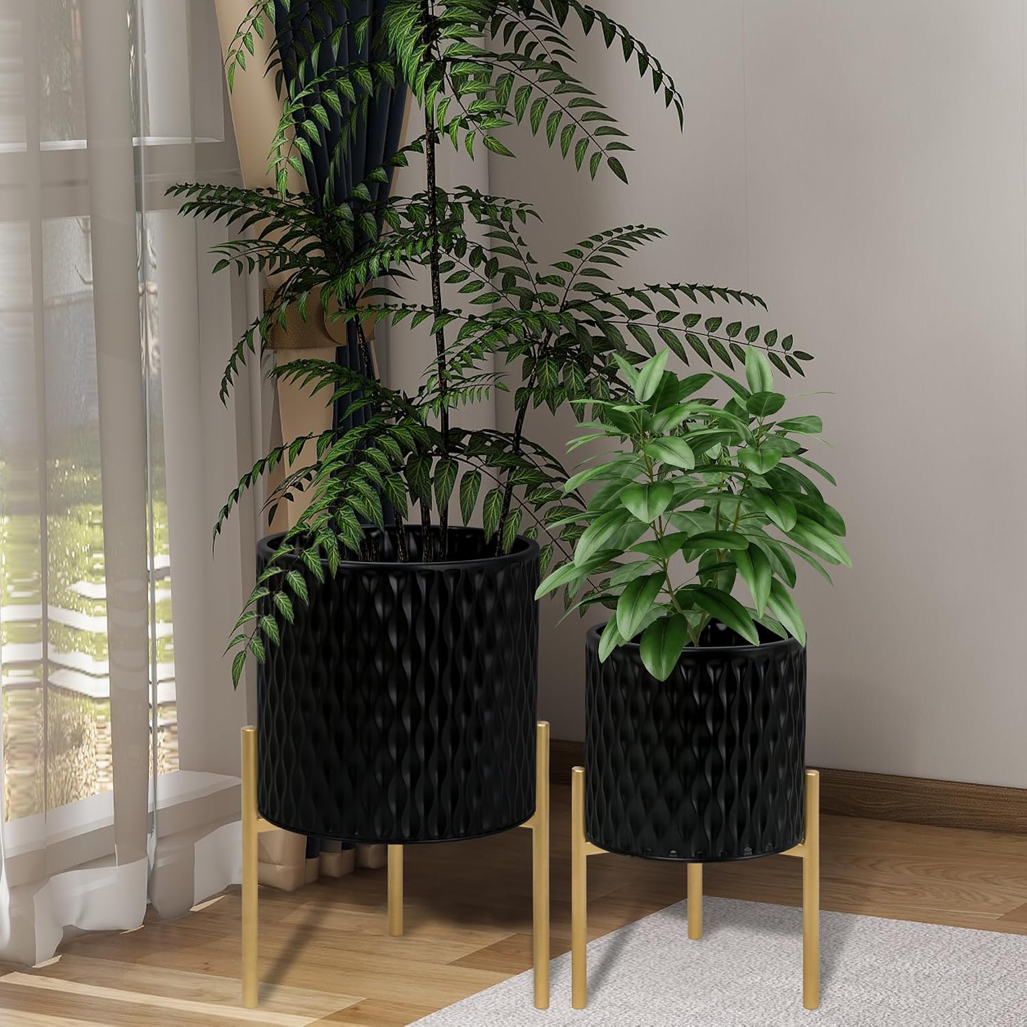 ARNIS Plants Pots with Stand, Set of 2 Planters, Unique Mid Century Decorative Metal Flower Pots with Drainage, 8.25 &