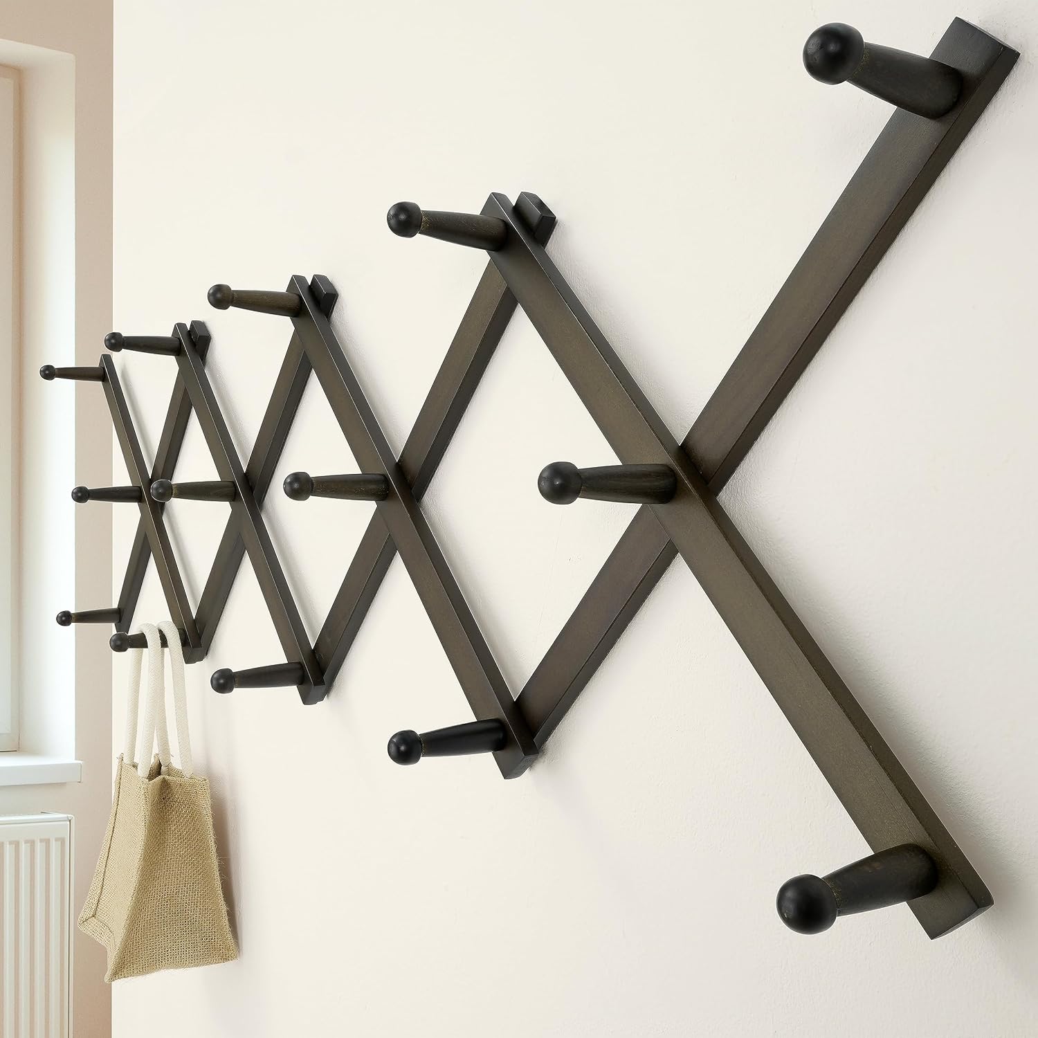 Accordion Wall Hanger:16'' High Wooden Expandable Coat Rack, Hat Rack for Wall,Accordion Hook for Baseball
