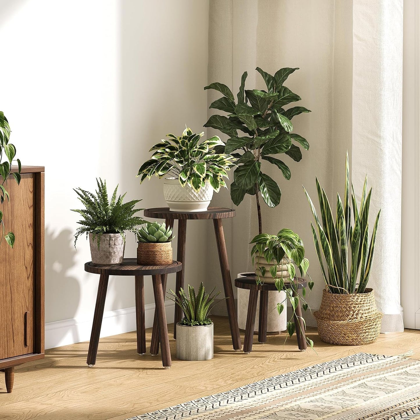 Mid-Century Modern Plants Stool / Dark Brown / 12 Inch / Set of 3