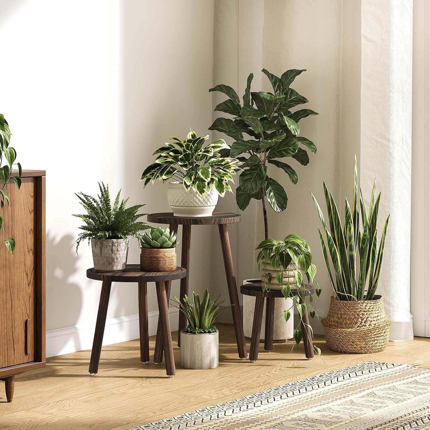 Mid-Century Modern Plants Stool / Dark Brown / 12 Inch / Set of 3