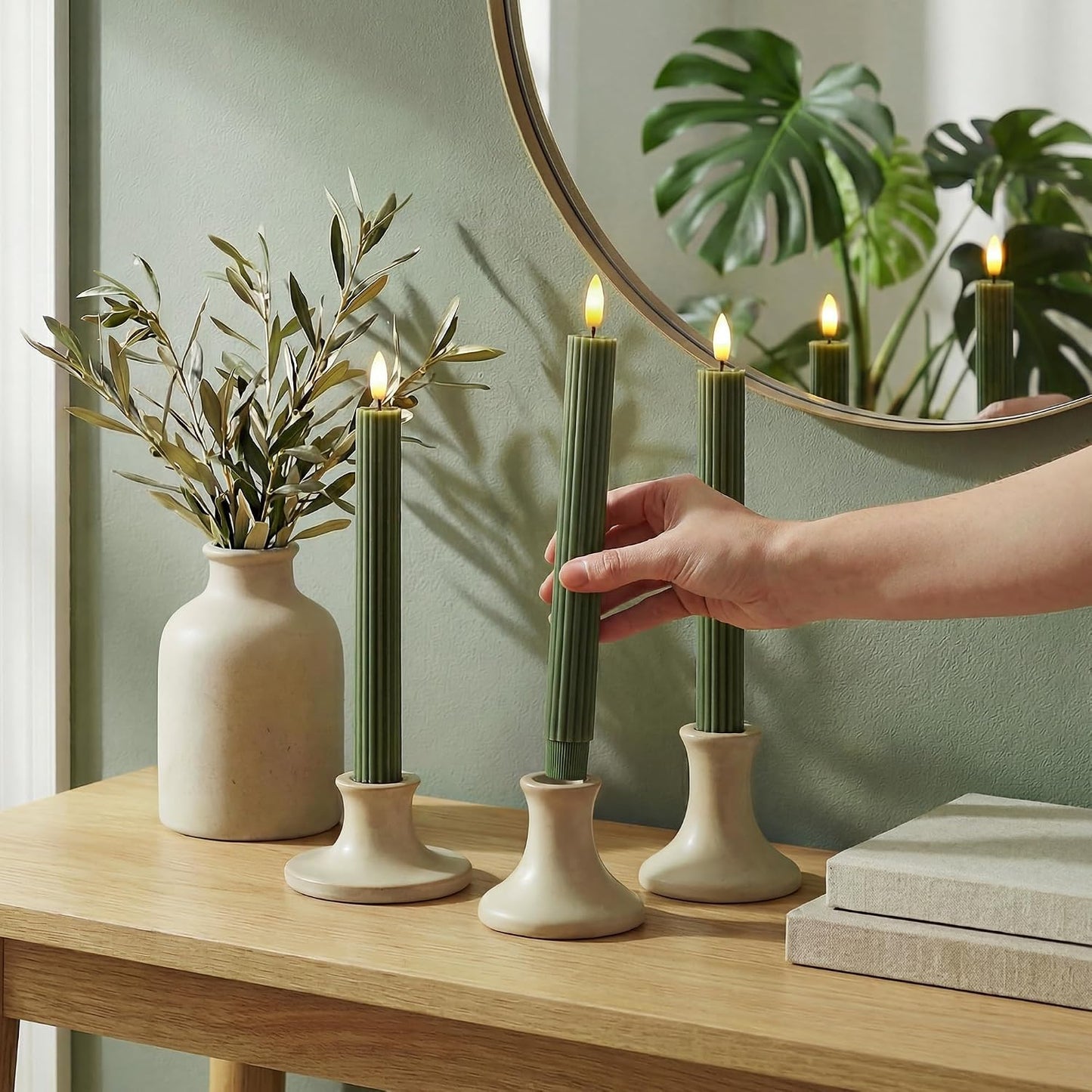 10" Fluted Ribbed LED Sage Olive Loden Green Grooved Real Wax Taper Candles, Remote & 24h Timer Memory, On/Off Switch