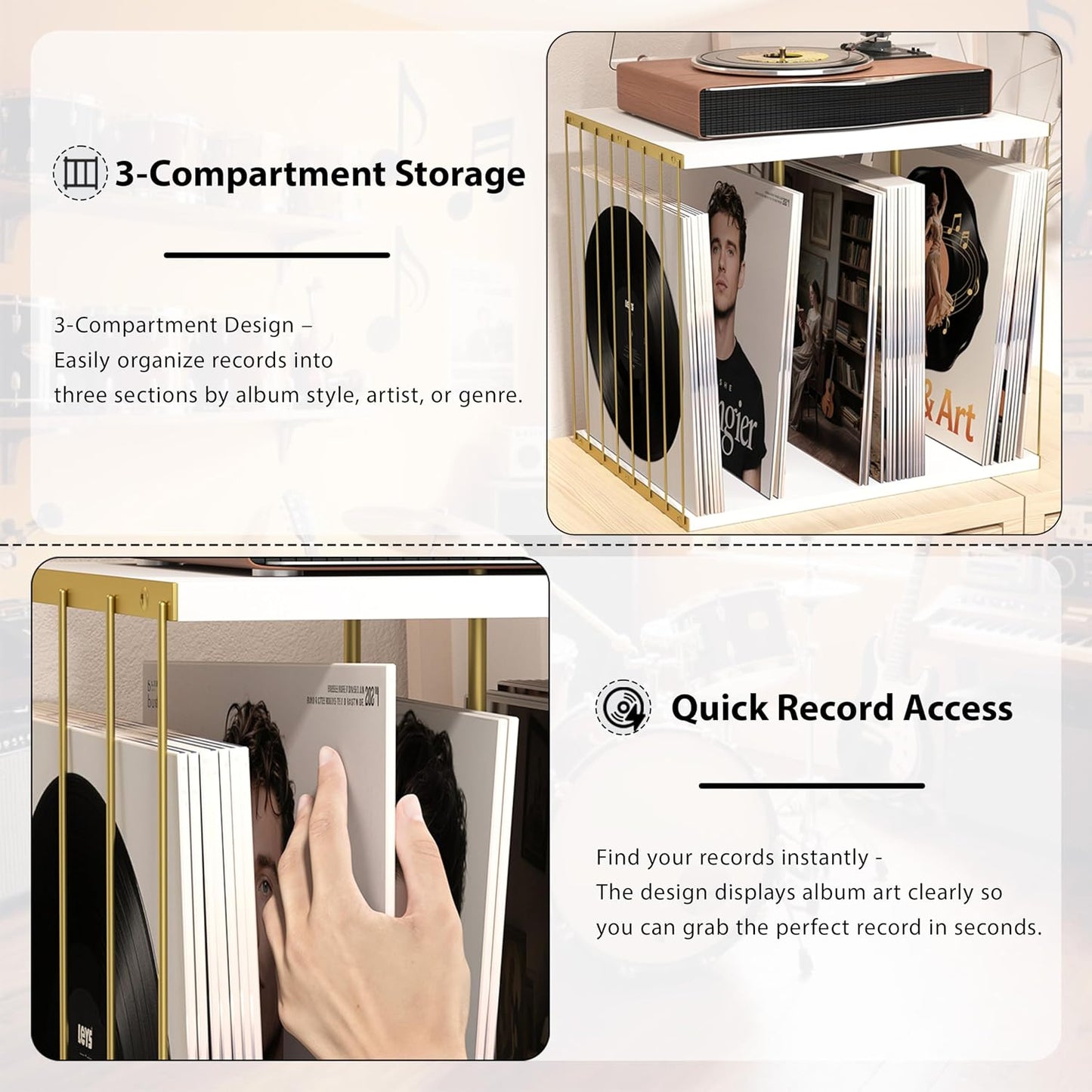 Emfogo Vinyl Record Storage, Metal & Wooden Vinyl Record Holder Up to 80 Album, 3-Compartment Record Player Stand for