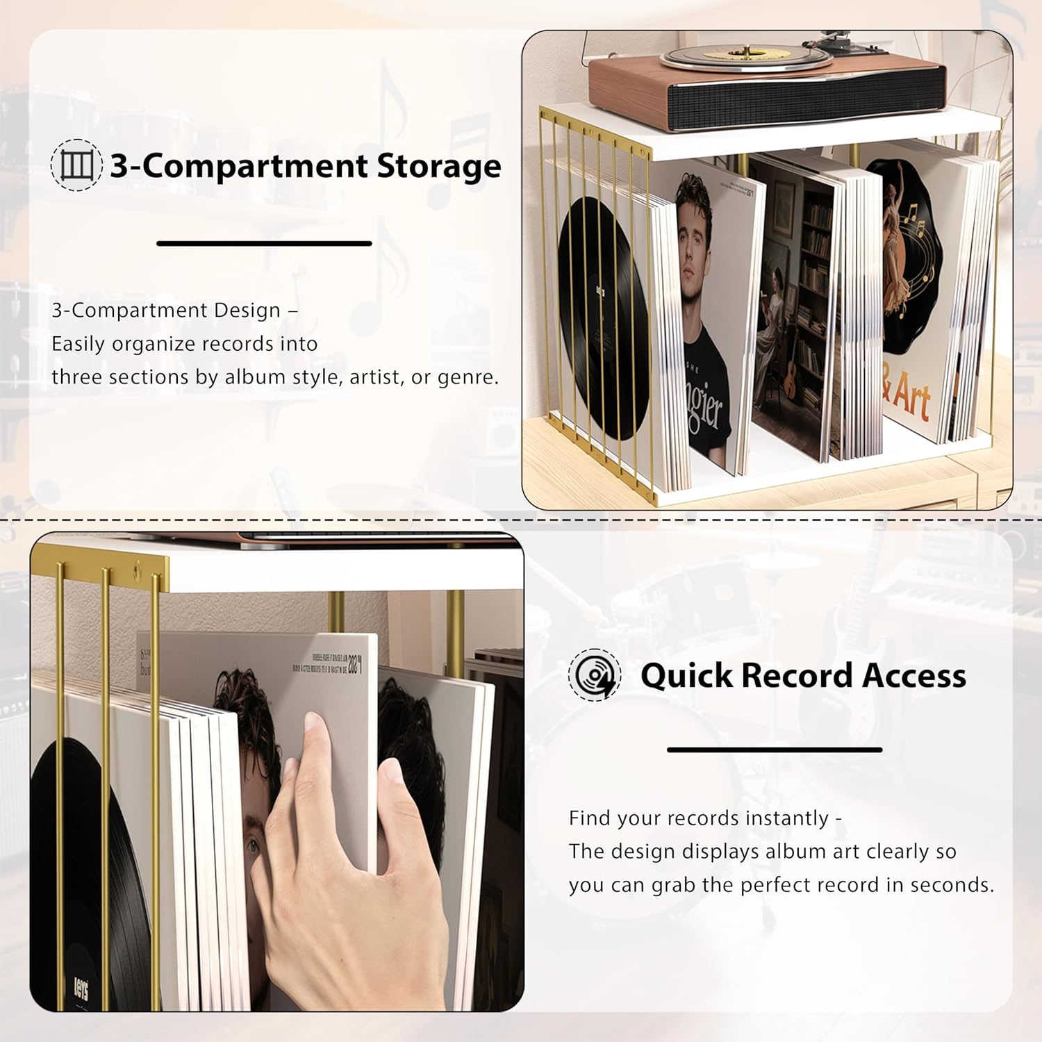 Emfogo Vinyl Record Storage, Metal & Wooden Vinyl Record Holder Up to 80 Album, 3-Compartment Record Player Stand for